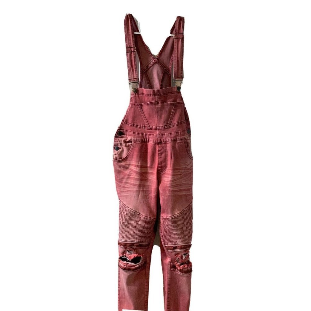 M Junior Women AMERICAN BAZI Burgundy Overall Ripped Knees zipper Stretch